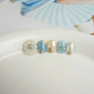 Qfdian 10pcs Handmade Blue Press On Nails Short Cute Fake Nails Reusable Adhesive False Nails Woman Salon Wearable Finger Decoration